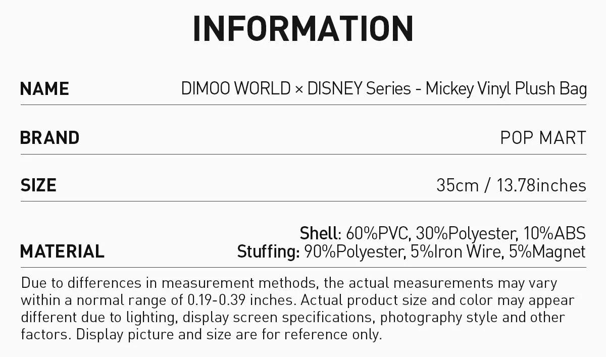 DIMOO WORLD × DISNEY Series-Mickey Vinyl Plush Bag DIMOO WORLD × DISNEY Series-Mickey Vinyl Plush Bag -Pop Mart Sale Shop 20250317 105514 586731 3 dimoo world disney series mickey vinyl plush bag plush details popmart